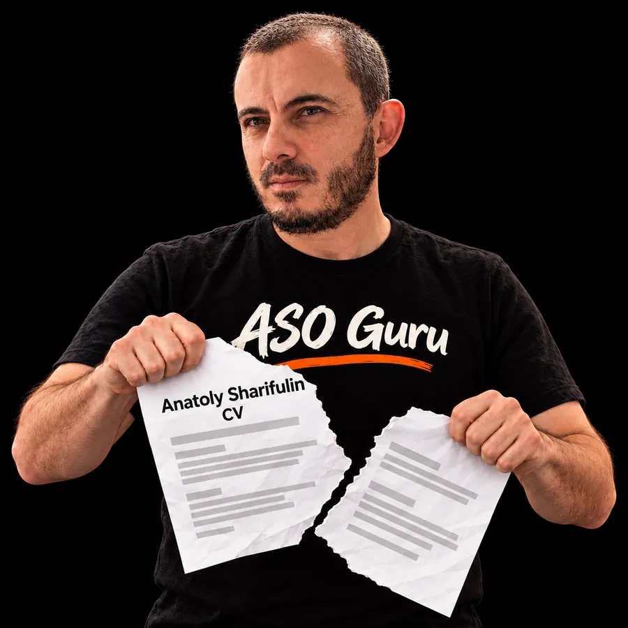Gabriel Machuret in an ASO Guru T-shirt tearing a mock CV labelled Anatoly Sharifulin