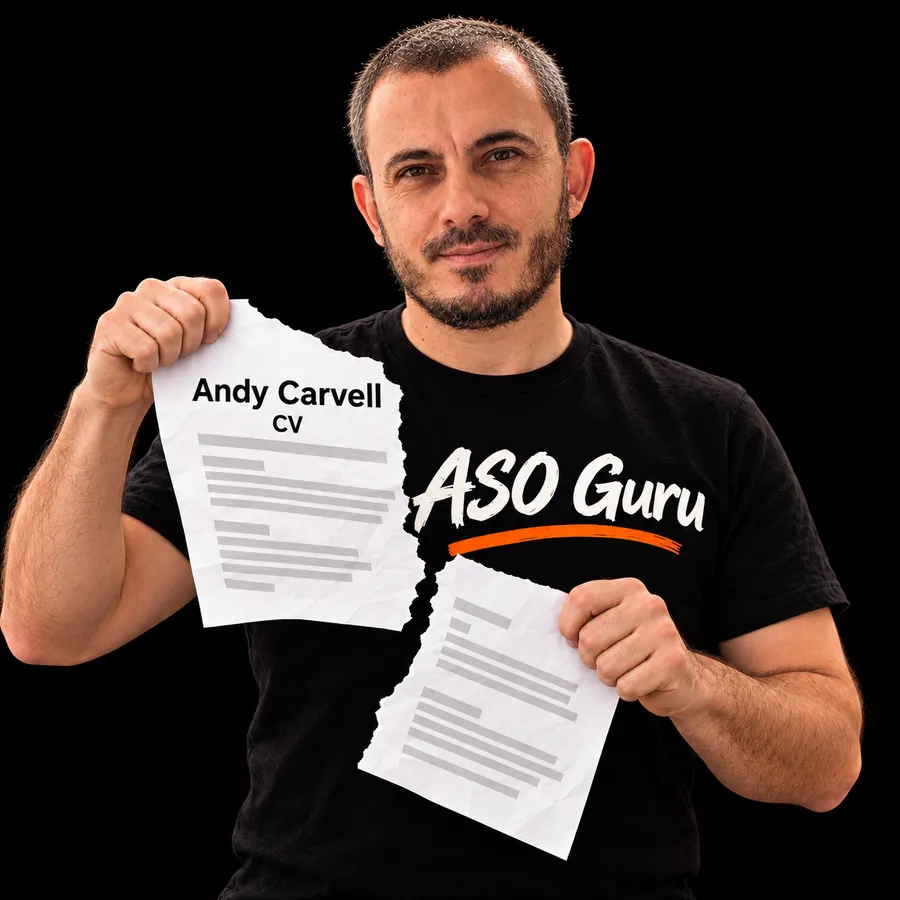 Gabriel Machuret in an ASO Guru T-shirt tearing a mock CV labelled Andy Carvell