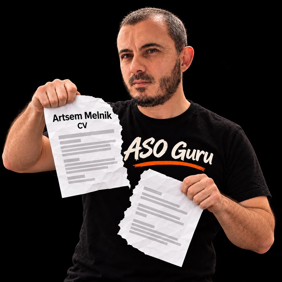 Gabriel Machuret in an ASO Guru T-shirt tearing a mock CV labelled Artsem Melnik