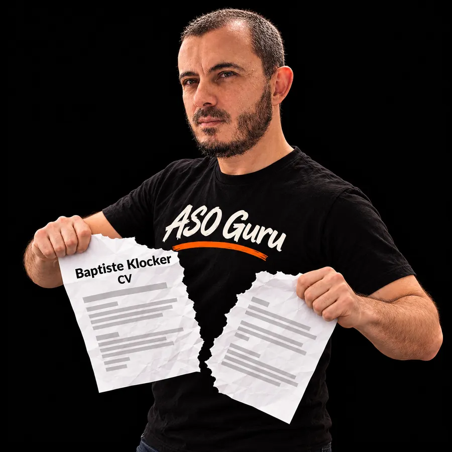 Gabriel Machuret in an ASO Guru T-shirt tearing a mock CV labelled Baptiste Klocker