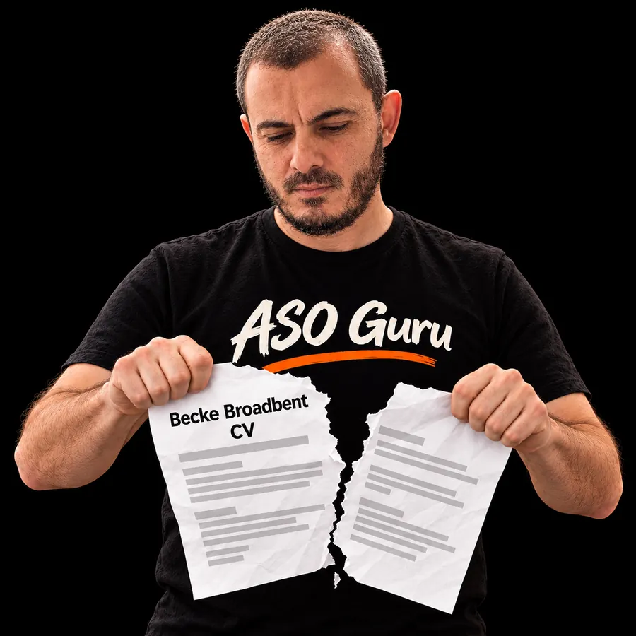 Gabriel Machuret in an ASO Guru T-shirt tearing a mock CV labelled Becke Broadbent