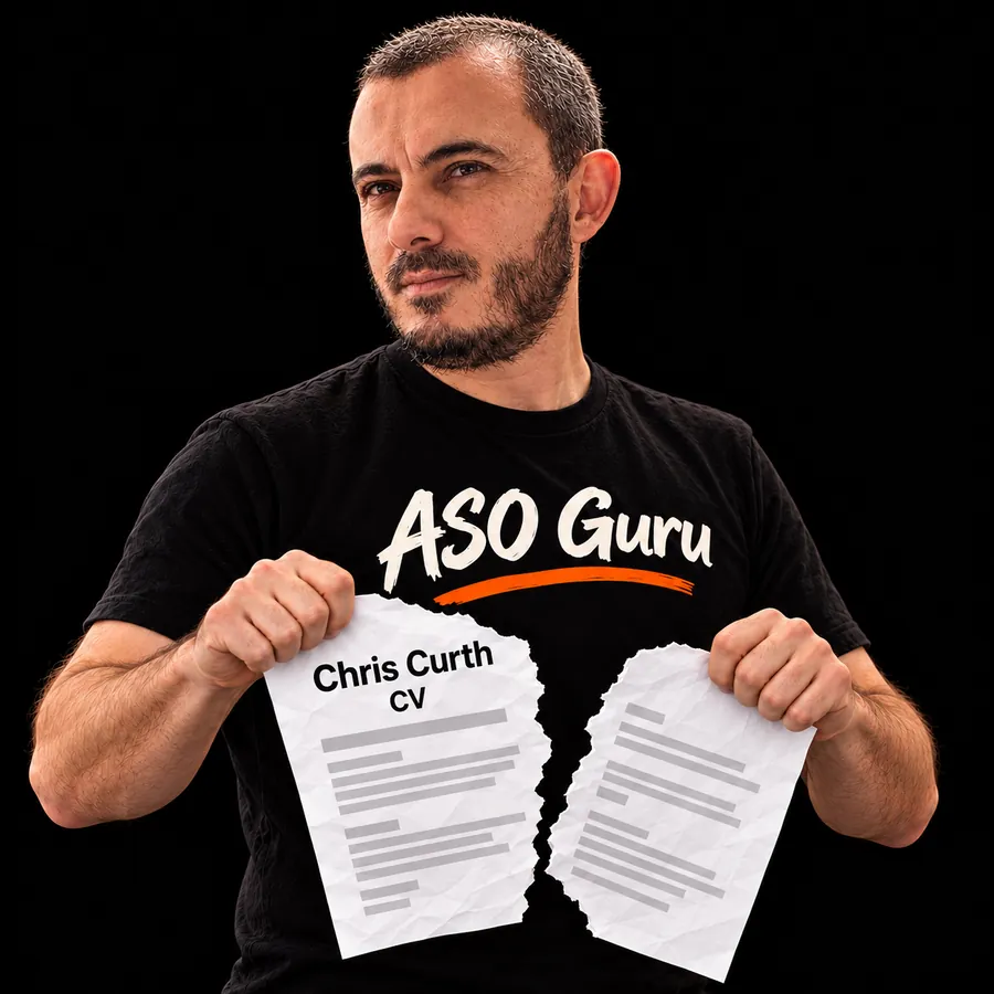 Gabriel Machuret in an ASO Guru T-shirt tearing a mock CV labelled Chris Curth