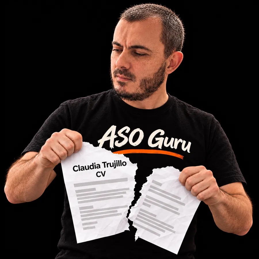 Gabriel Machuret in an ASO Guru T-shirt tearing a mock CV labelled Claudia Trujillo