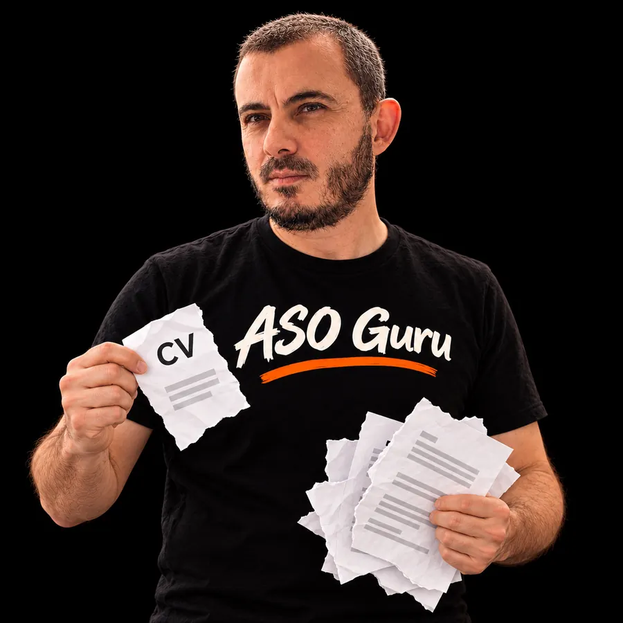 Gabriel Machuret holding torn mock CV sheets in an ASO Guru T-shirt
