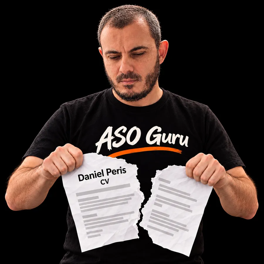 Gabriel Machuret in an ASO Guru T-shirt tearing a mock CV labelled Daniel Peris