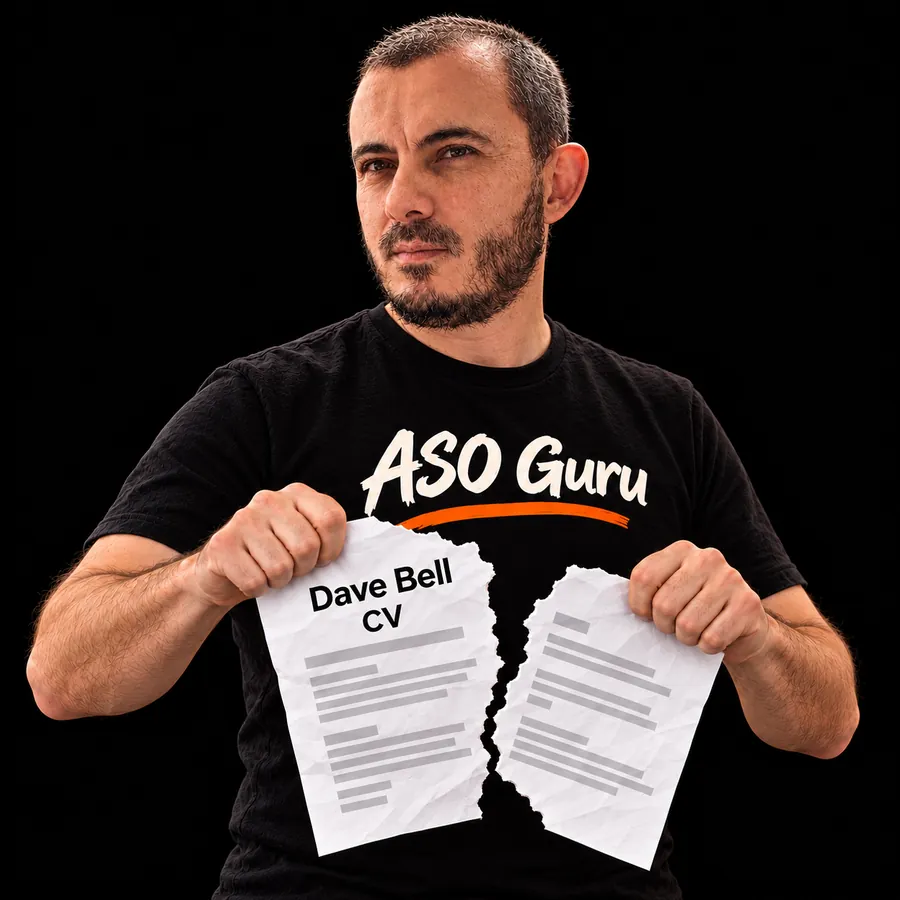 Gabriel Machuret in an ASO Guru T-shirt tearing a mock CV labelled Dave Bell