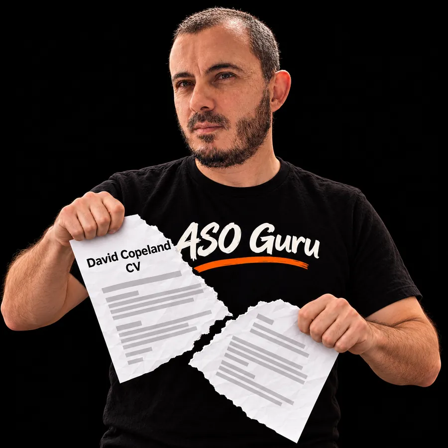 Gabriel Machuret in an ASO Guru T-shirt tearing a mock CV labelled David Copeland