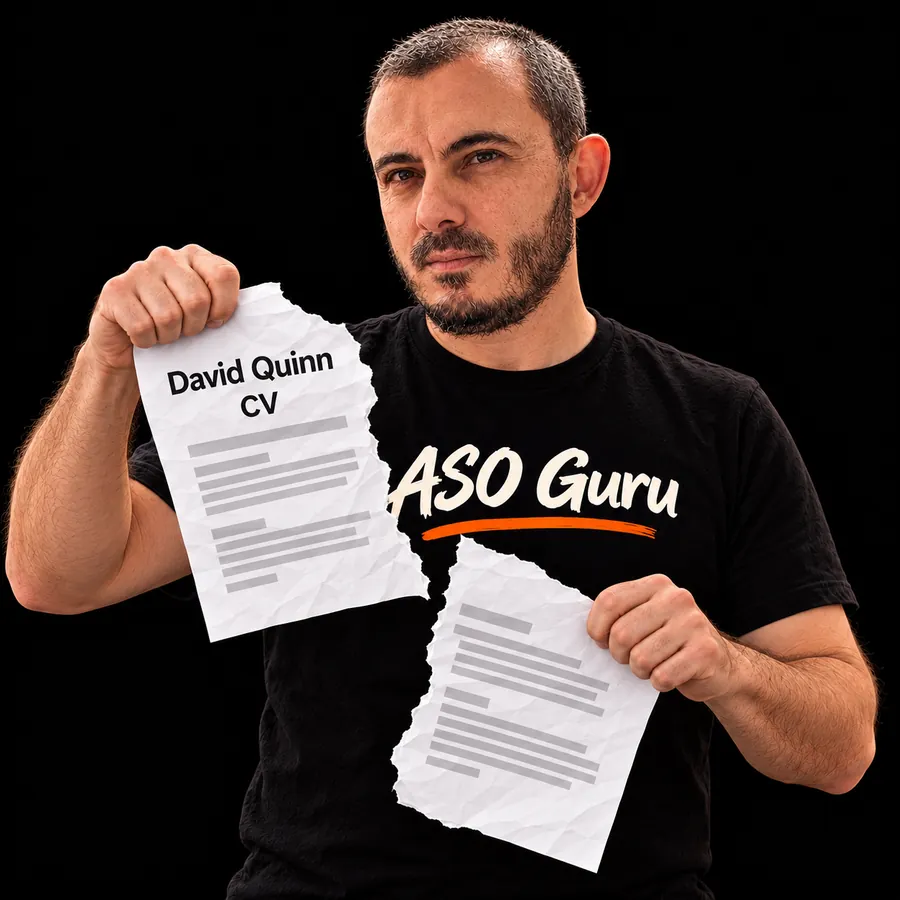 Gabriel Machuret in an ASO Guru T-shirt tearing a mock CV labelled David Quinn