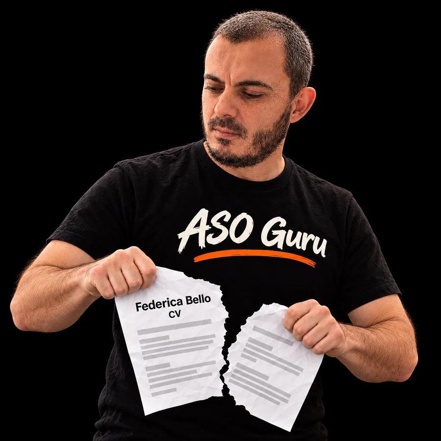Gabriel Machuret in an ASO Guru T-shirt tearing a mock CV labelled Federica Bello
