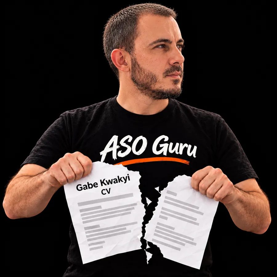 Gabriel Machuret in an ASO Guru T-shirt tearing a mock CV labelled Gabe Kwakyi