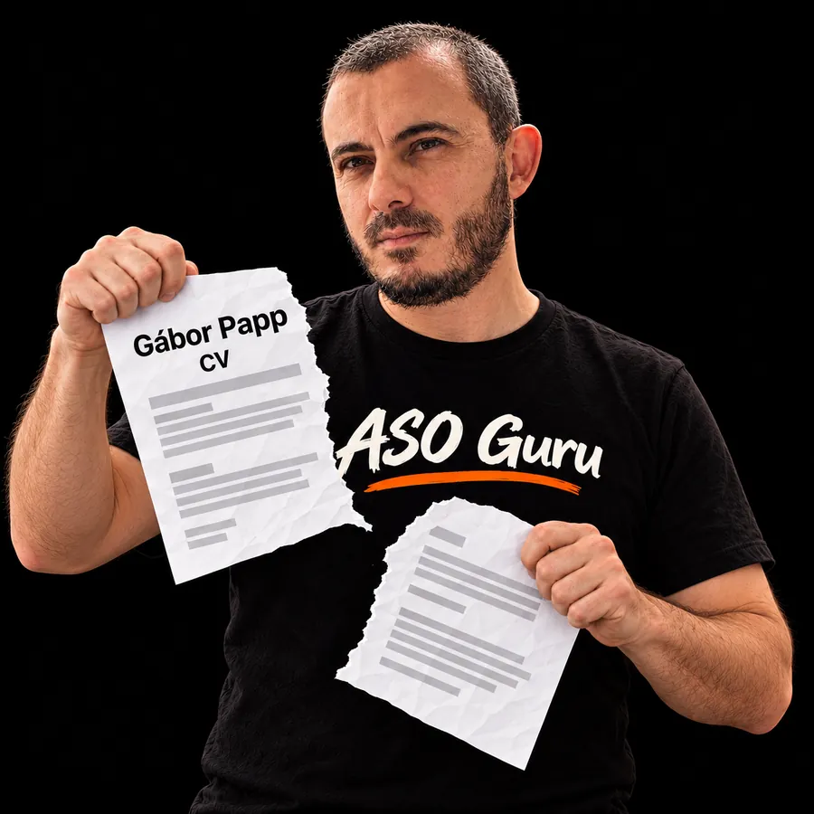 Gabriel Machuret in an ASO Guru T-shirt tearing a mock CV labelled Gábor Papp