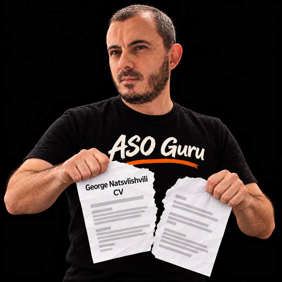 Gabriel Machuret in an ASO Guru T-shirt tearing a mock CV labelled George Natsvlishvili