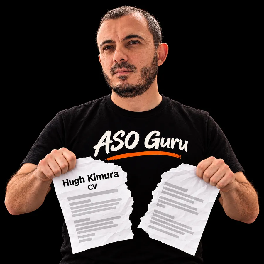 Gabriel Machuret in an ASO Guru T-shirt tearing a mock CV labelled Hugh Kimura