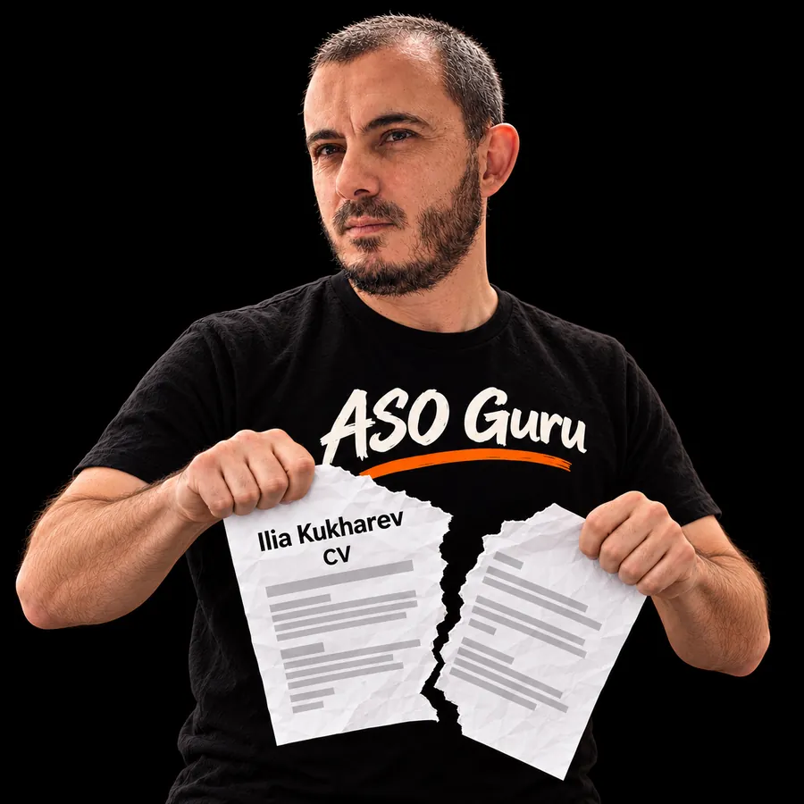 Gabriel Machuret in an ASO Guru T-shirt tearing a mock CV labelled Ilia Kukharev