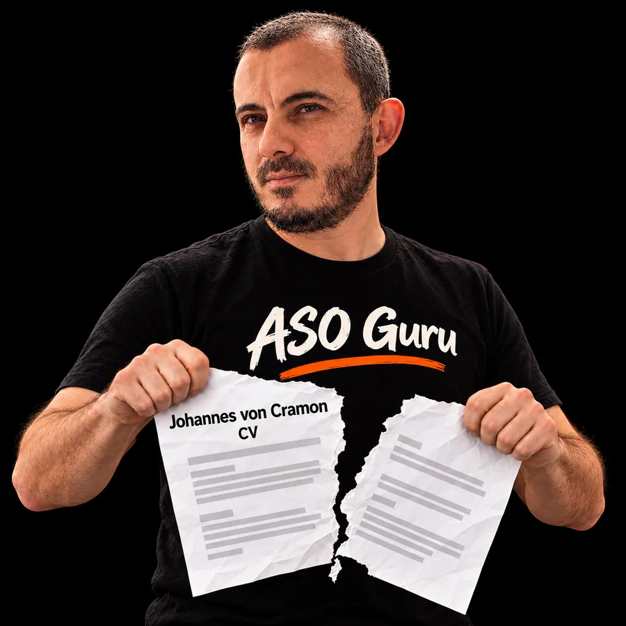 Gabriel Machuret in an ASO Guru T-shirt tearing a mock CV labelled Johannes von Cramon