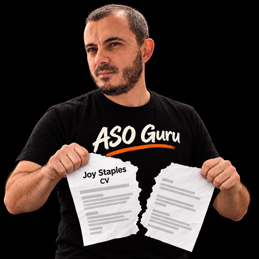Gabriel Machuret in an ASO Guru T-shirt tearing a mock CV labelled Joy Staples