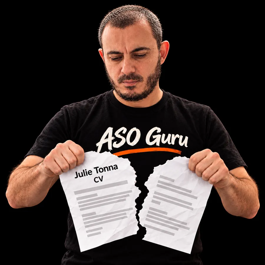 Gabriel Machuret in an ASO Guru T-shirt tearing a mock CV labelled Julie Tonna