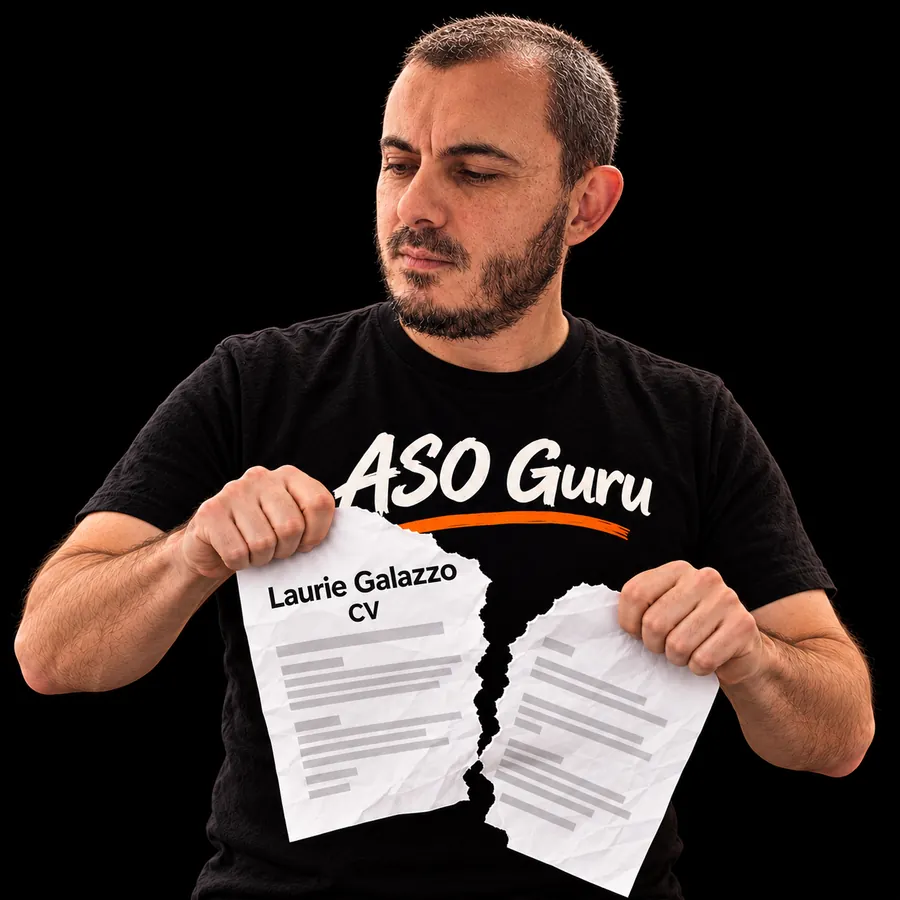 Gabriel Machuret in an ASO Guru T-shirt tearing a mock CV labelled Laurie Galazzo