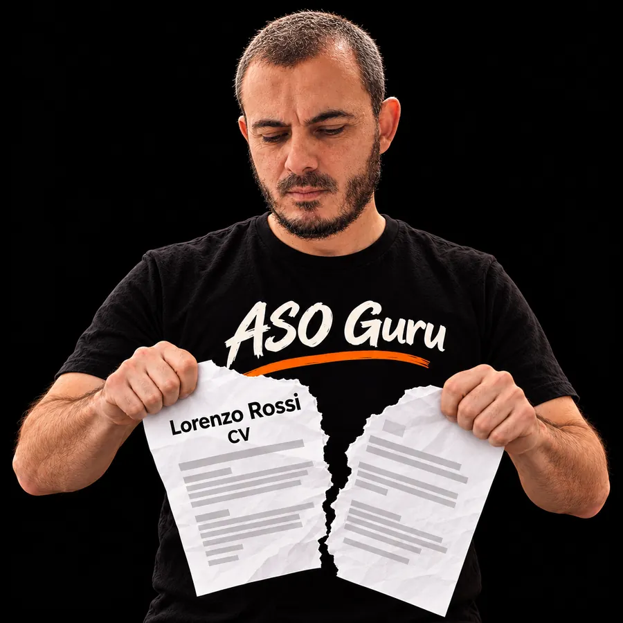 Gabriel Machuret in an ASO Guru T-shirt tearing a mock CV labelled Lorenzo Rossi