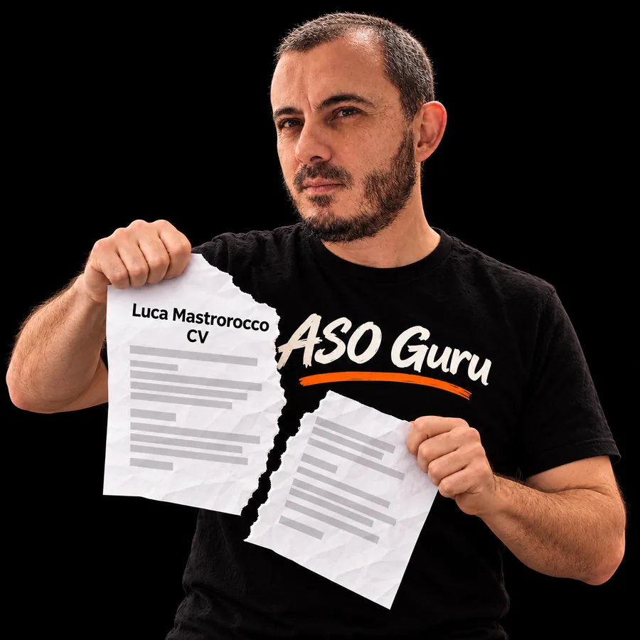 Gabriel Machuret in an ASO Guru T-shirt tearing a mock CV labelled Luca Mastrorocco