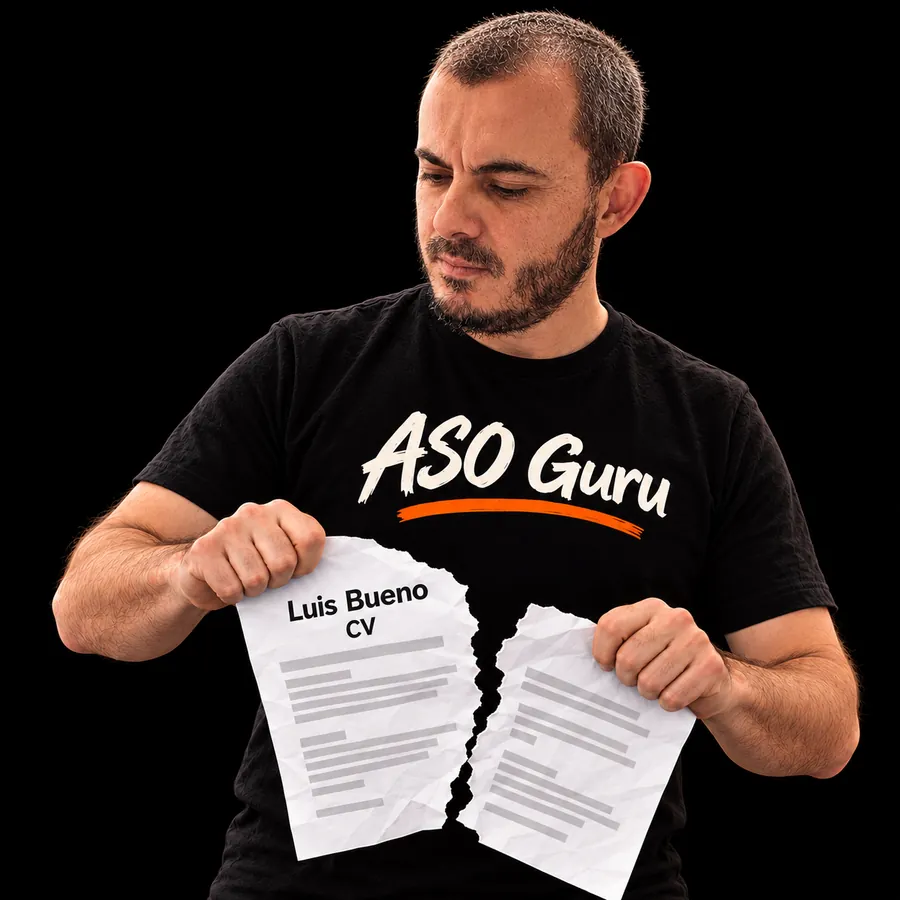 Gabriel Machuret in an ASO Guru T-shirt tearing a mock CV labelled Luis Bueno