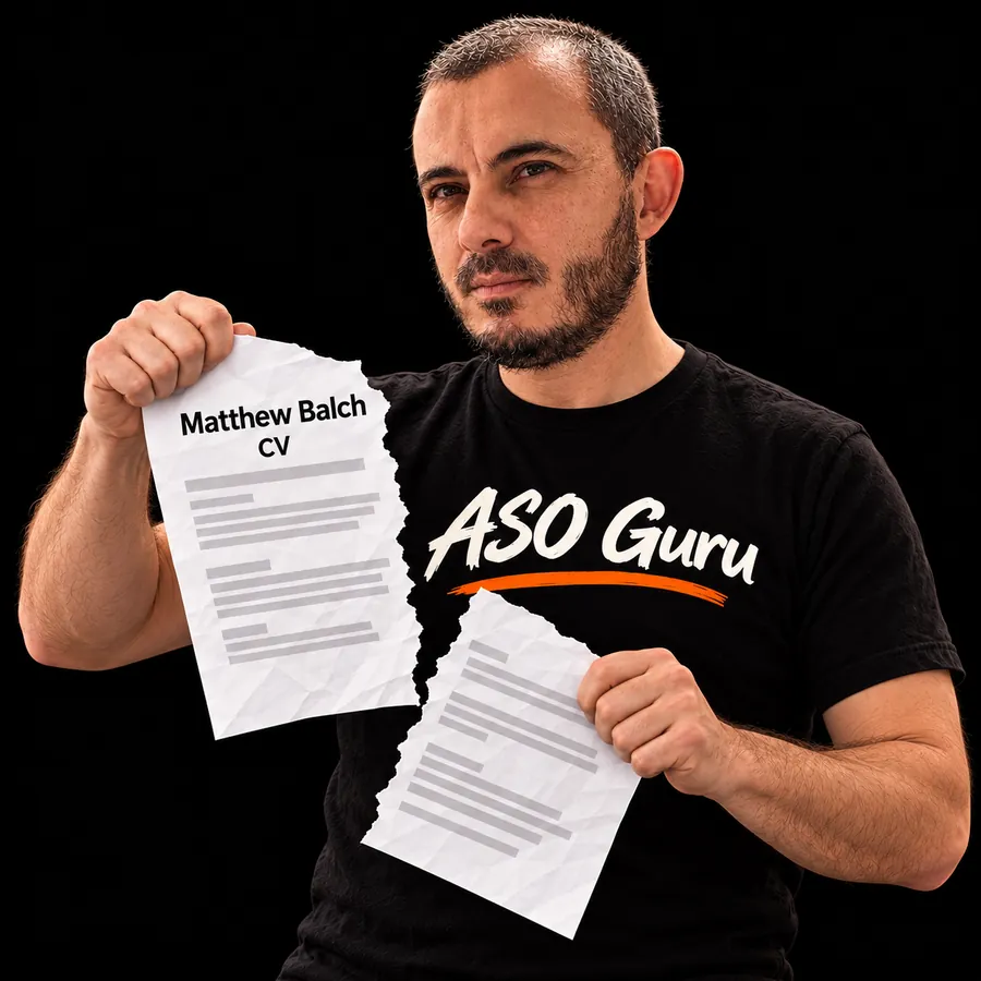 Gabriel Machuret in an ASO Guru T-shirt tearing a mock CV labelled Matthew Balch