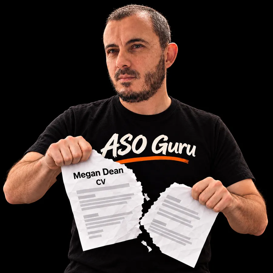 Gabriel Machuret in an ASO Guru T-shirt tearing a mock CV labelled Megan Dean