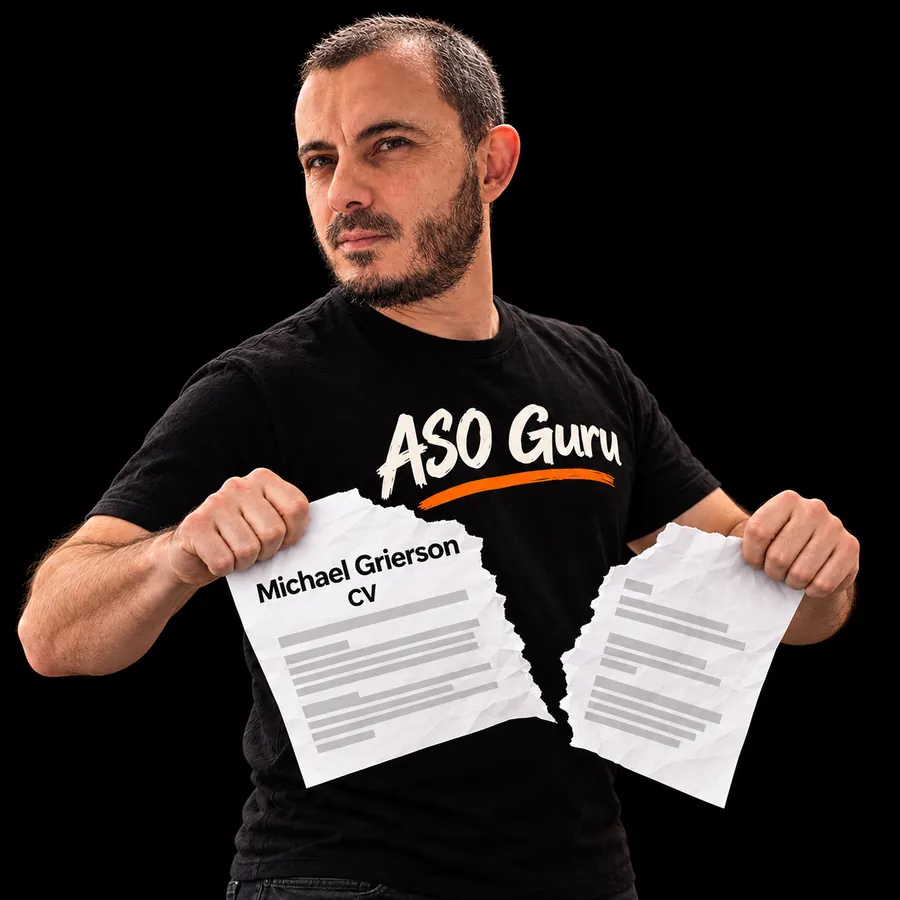 Gabriel Machuret in an ASO Guru T-shirt tearing a mock CV labelled Michael Grierson