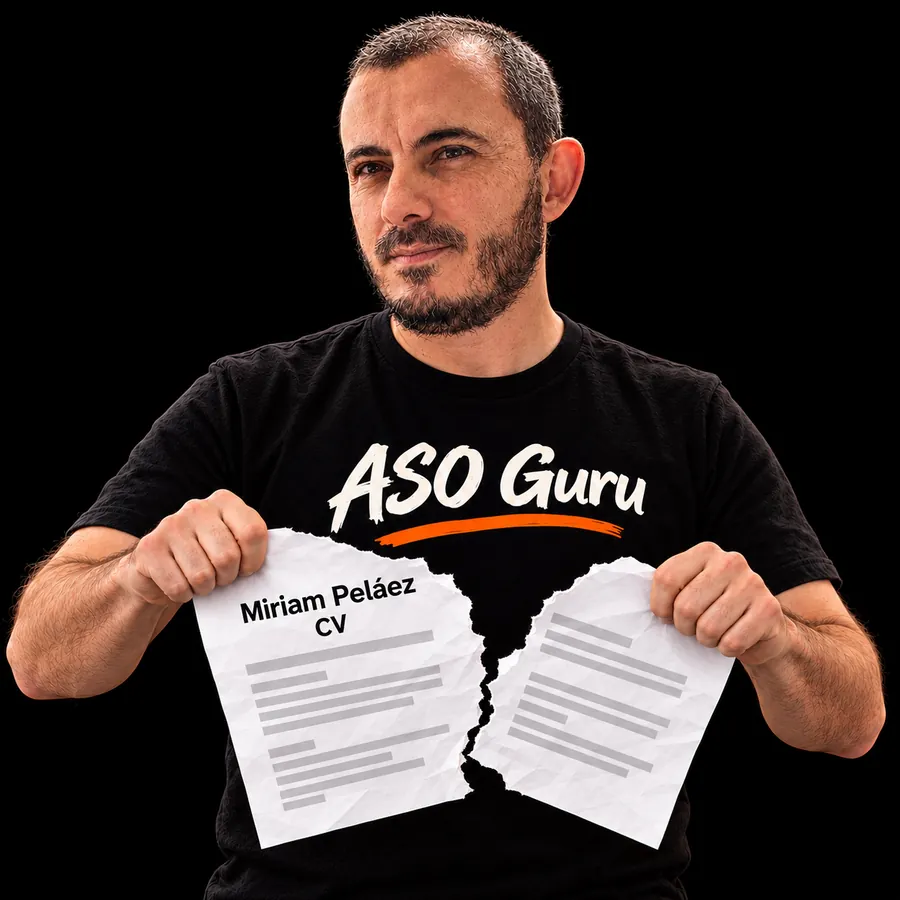 Gabriel Machuret in an ASO Guru T-shirt tearing a mock CV labelled Miriam Peláez
