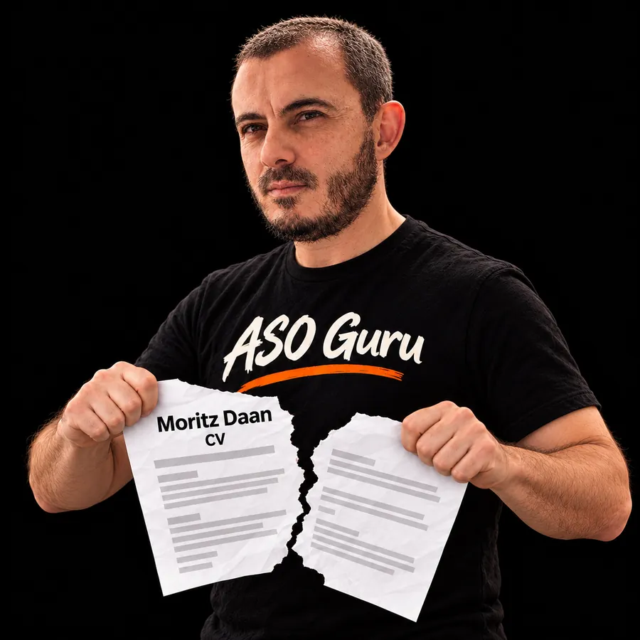 Gabriel Machuret in an ASO Guru T-shirt tearing a mock CV labelled Moritz Daan