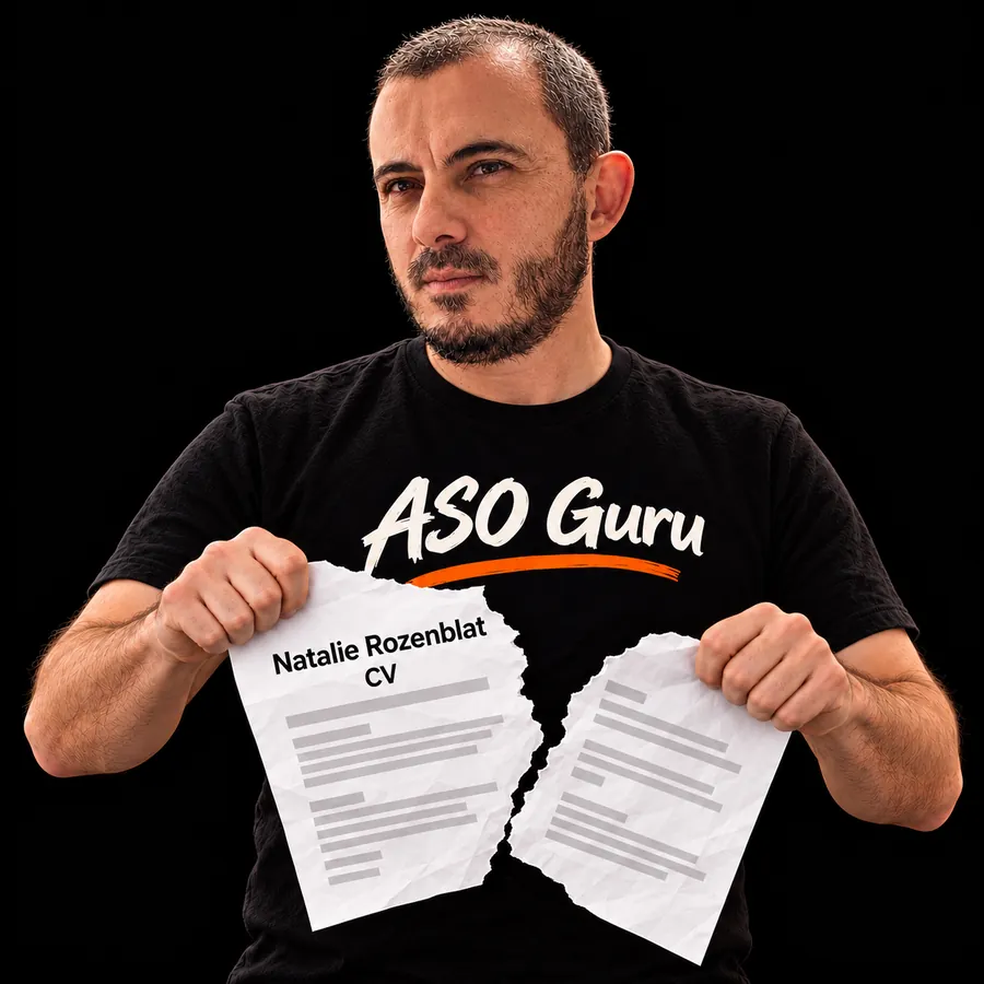 Gabriel Machuret in an ASO Guru T-shirt tearing a mock CV labelled Natalie Rozenblat