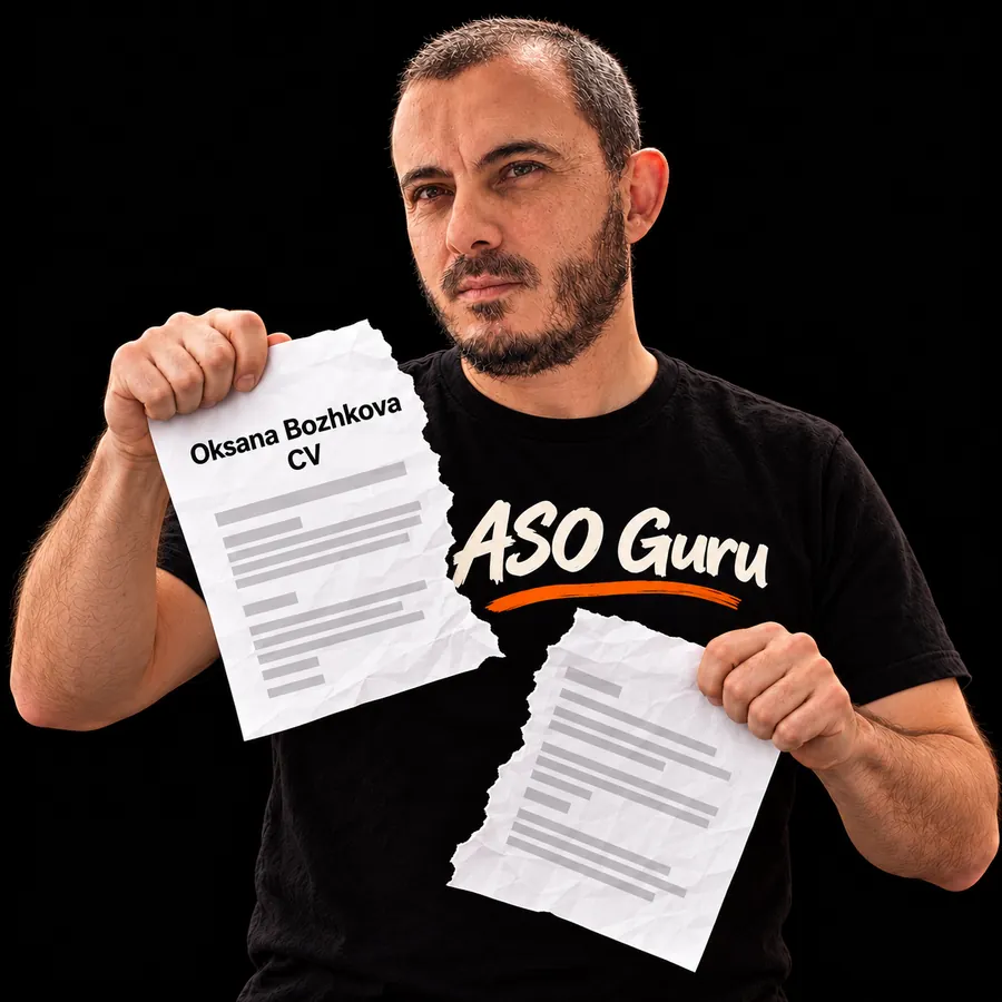 Gabriel Machuret in an ASO Guru T-shirt tearing a mock CV labelled Oksana Bozhkova