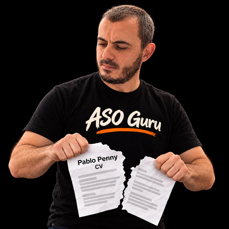 Gabriel Machuret in an ASO Guru T-shirt tearing a mock CV labelled Pablo Penny