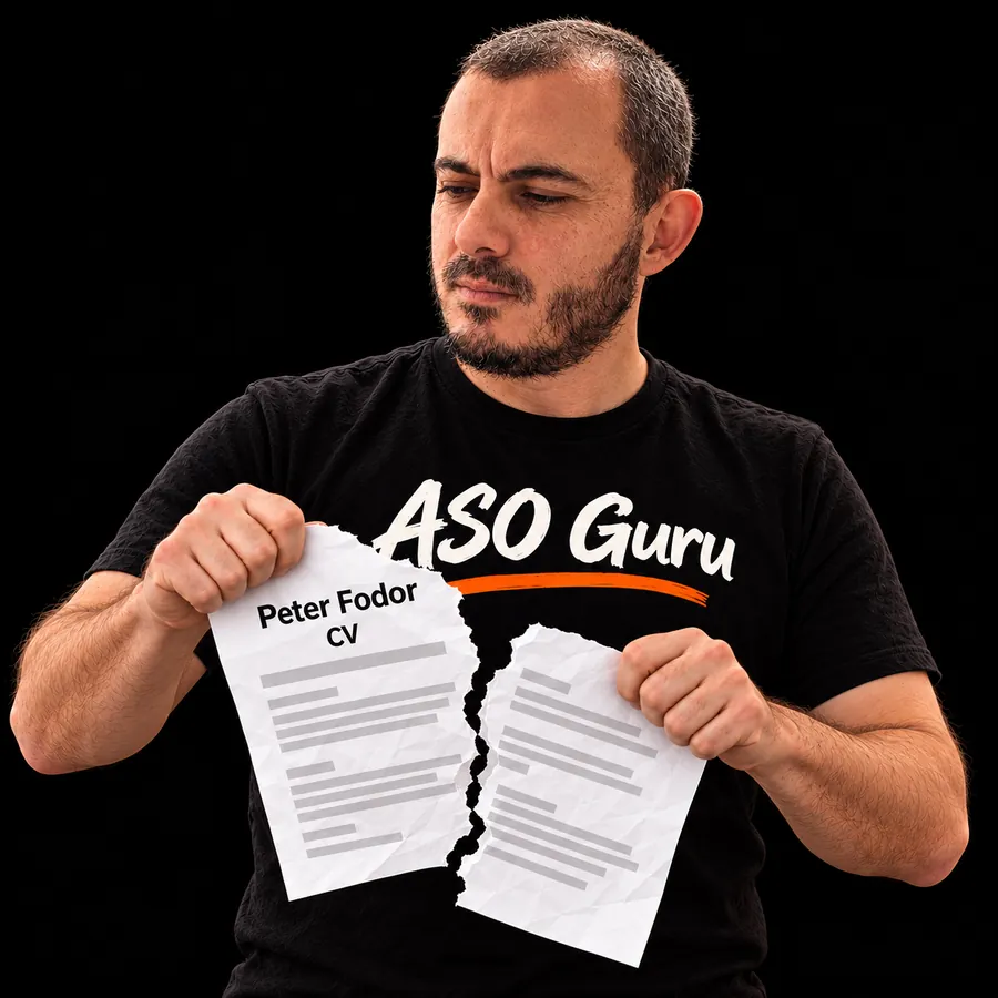 Gabriel Machuret in an ASO Guru T-shirt tearing a mock CV labelled Peter Fodor