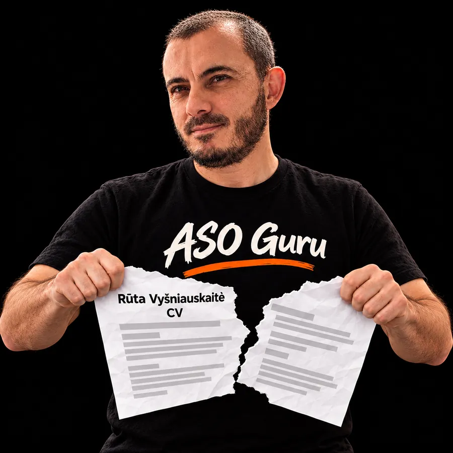 Gabriel Machuret in an ASO Guru T-shirt tearing a mock CV labelled Rūta Vyšniauskaitė
