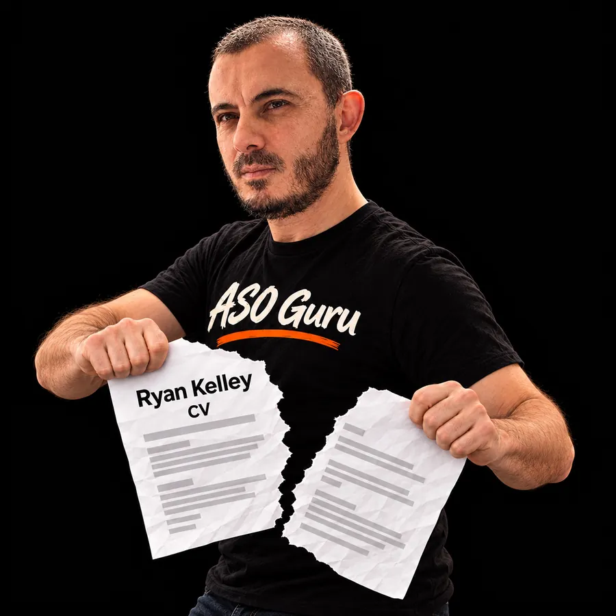 Gabriel Machuret in an ASO Guru T-shirt tearing a mock CV labelled Ryan Kelley