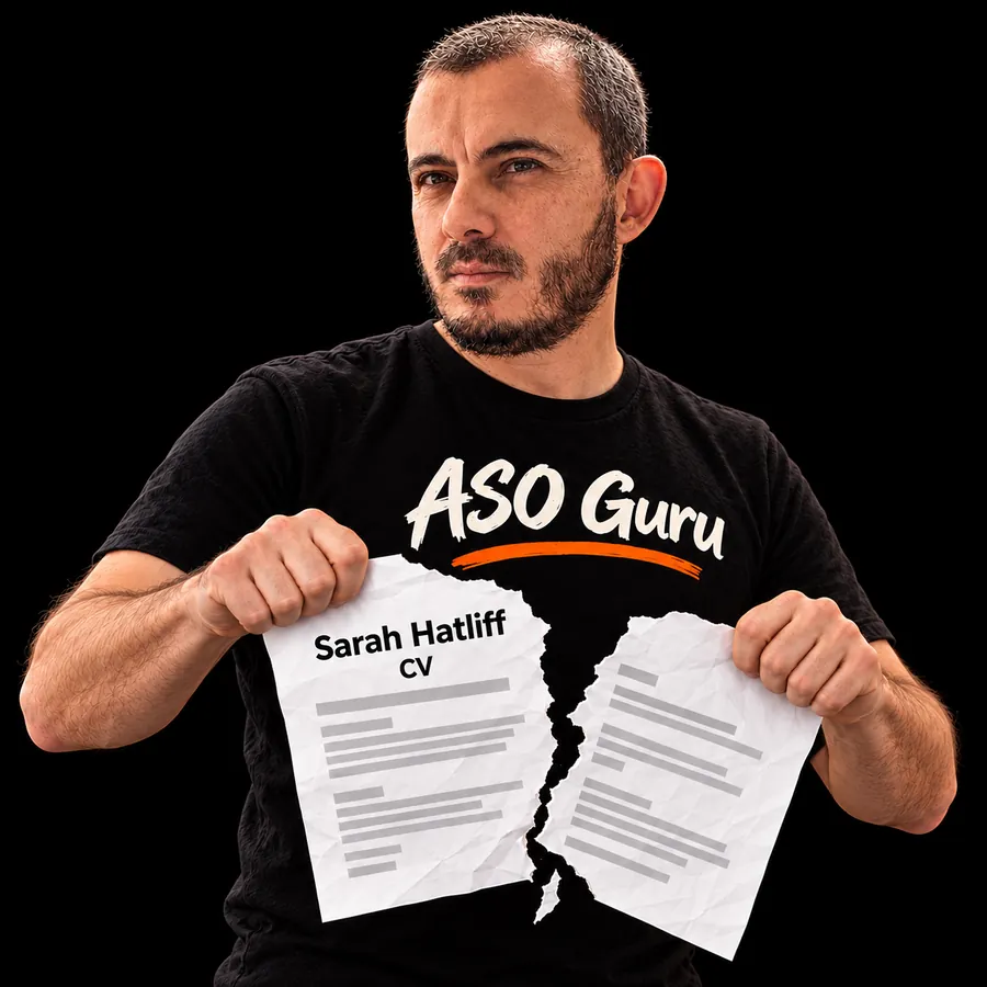 Gabriel Machuret in an ASO Guru T-shirt tearing a mock CV labelled Sarah Hatliff