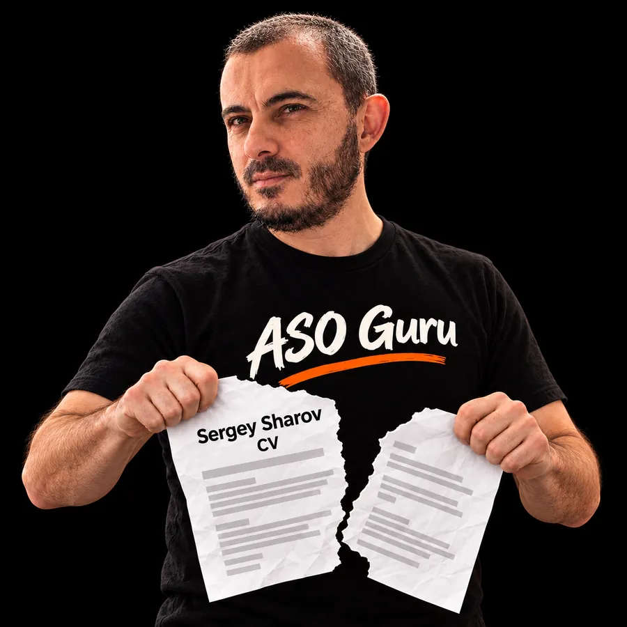 Gabriel Machuret in an ASO Guru T-shirt tearing a mock CV labelled Sergey Sharov