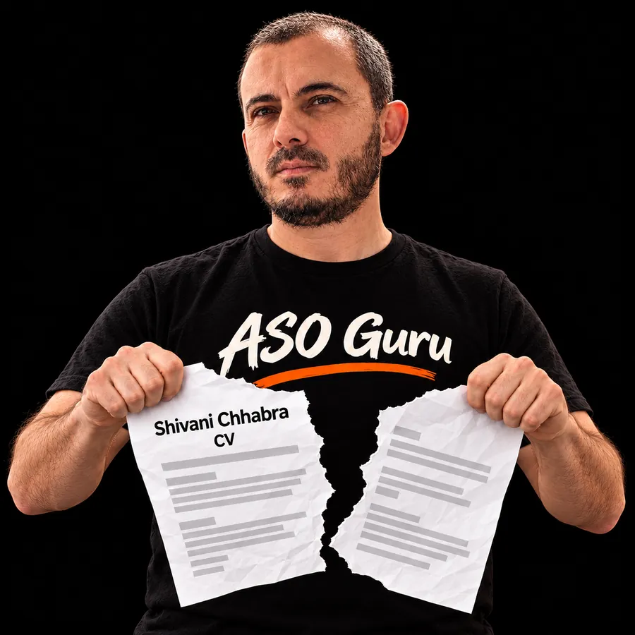 Gabriel Machuret in an ASO Guru T-shirt tearing a mock CV labelled Shivani Chhabra