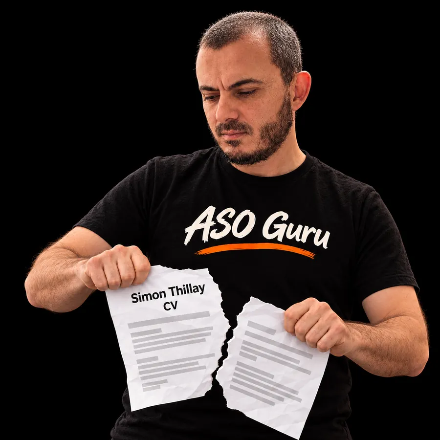 Gabriel Machuret in an ASO Guru T-shirt tearing a mock CV labelled Simon Thillay