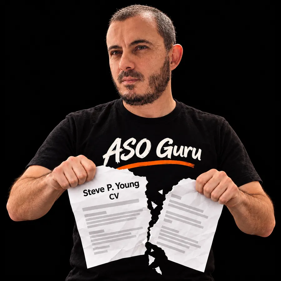Gabriel Machuret in an ASO Guru T-shirt tearing a mock CV labelled Steve P. Young