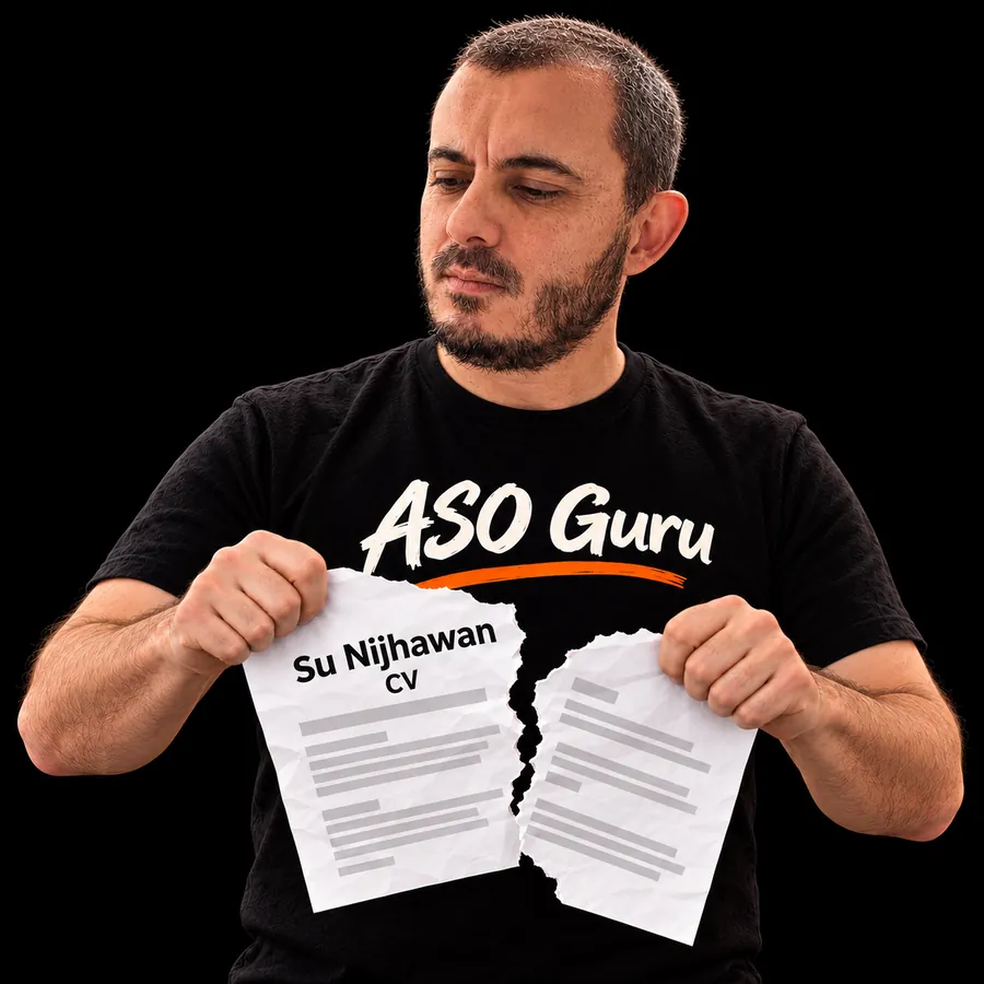 Gabriel Machuret in an ASO Guru T-shirt tearing a mock CV labelled Su Nijhawan