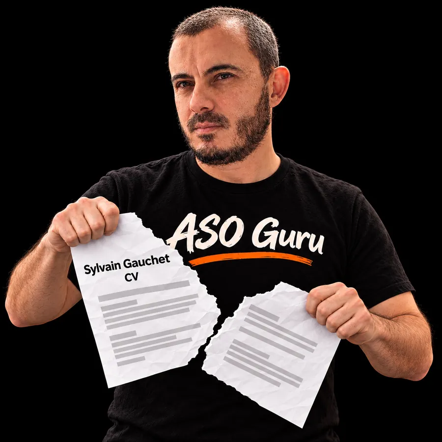 Gabriel Machuret in an ASO Guru T-shirt tearing a mock CV labelled Sylvain Gauchet