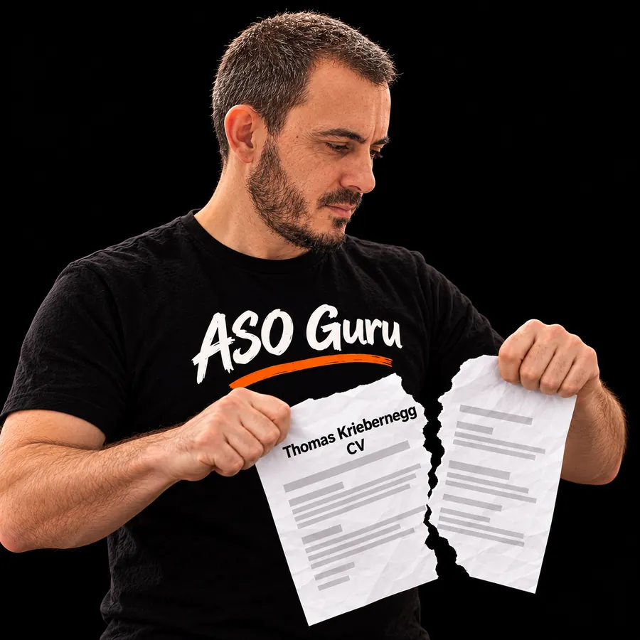 Gabriel Machuret in an ASO Guru T-shirt tearing a mock CV labelled Thomas Kriebernegg