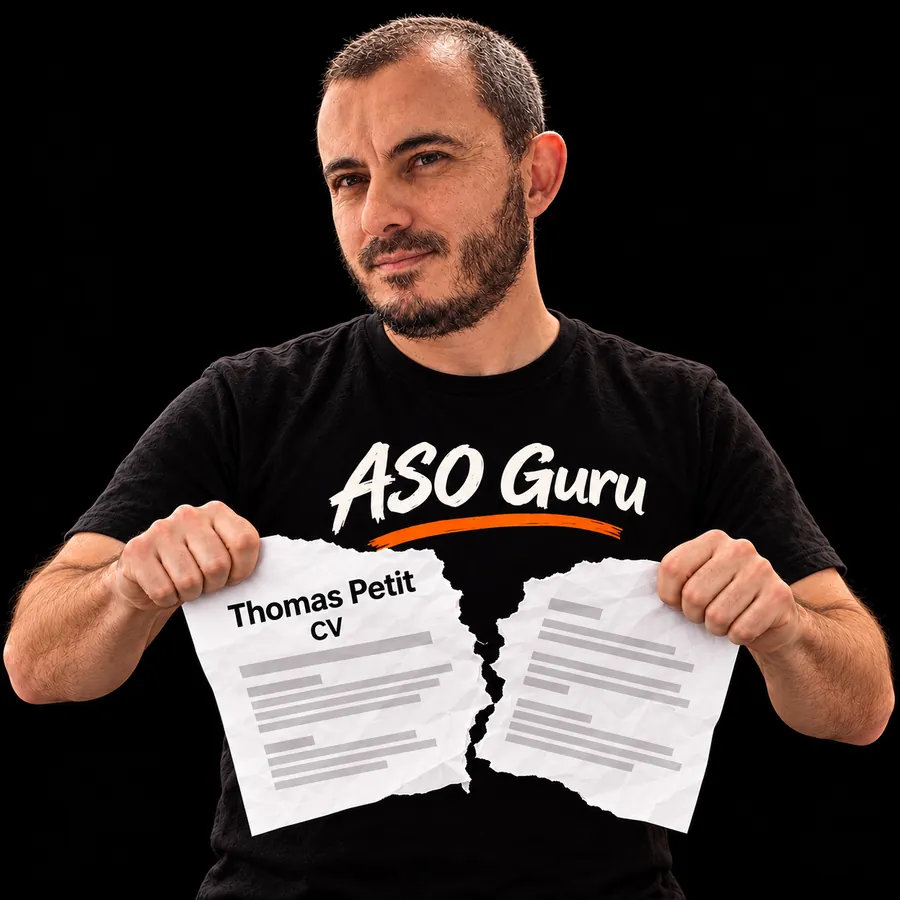 Gabriel Machuret in an ASO Guru T-shirt tearing a mock CV labelled Thomas Petit