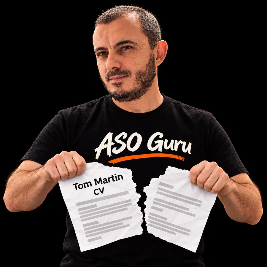 Gabriel Machuret in an ASO Guru T-shirt tearing a mock CV labelled Tom Martin