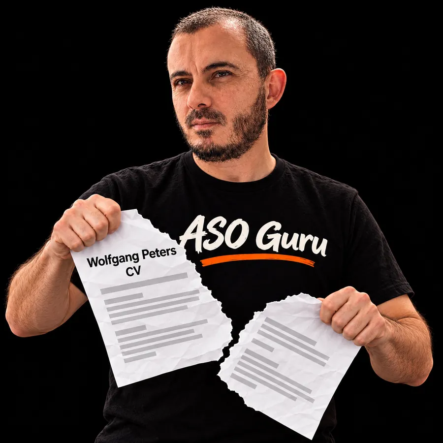 Gabriel Machuret in an ASO Guru T-shirt tearing a mock CV labelled Wolfgang Peters
