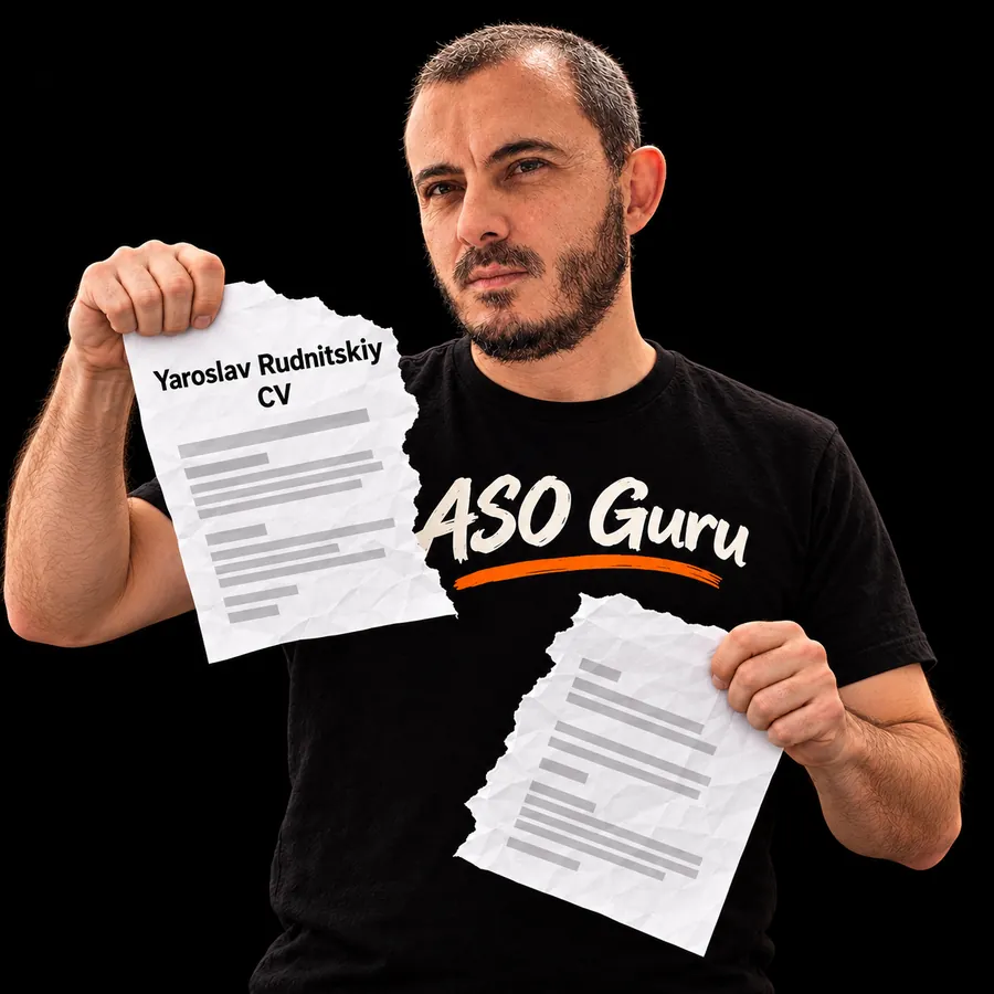 Gabriel Machuret in an ASO Guru T-shirt tearing a mock CV labelled Yaroslav Rudnitskiy