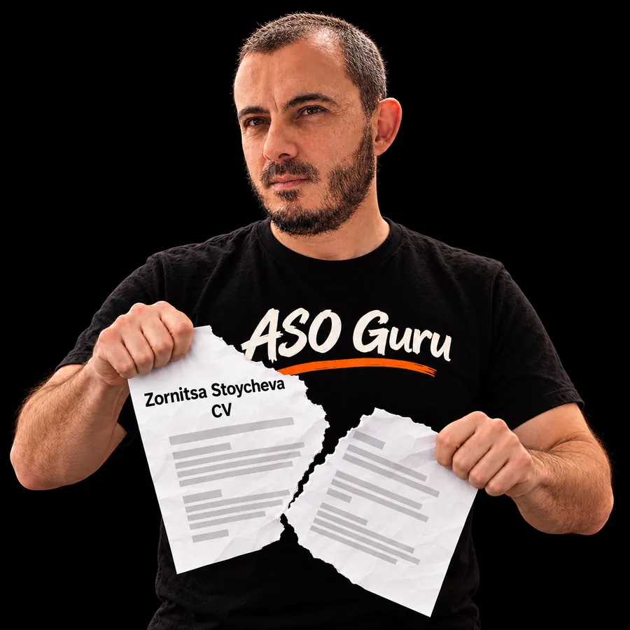 Gabriel Machuret in an ASO Guru T-shirt tearing a mock CV labelled Zornitsa Stoycheva