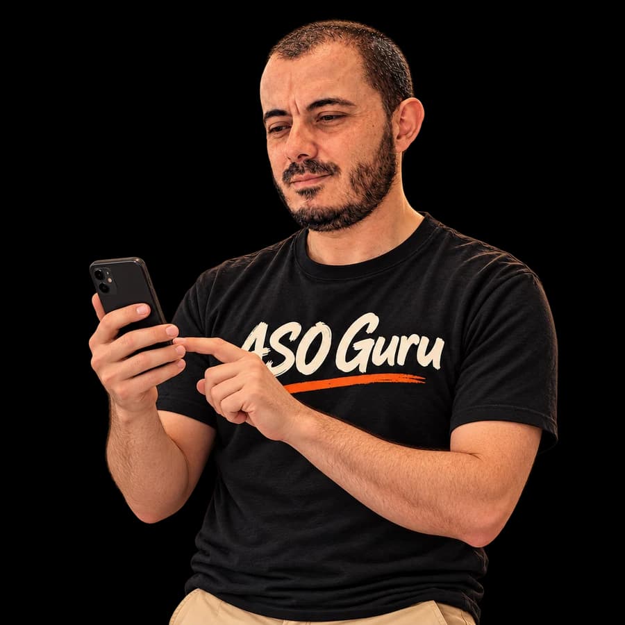 Gabriel Machuret wearing an ASO Guru T-shirt: checking a mobile app.